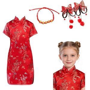 3 Pcs Red Qipao Style Kids Dress Set Girls Size 8-14 with Hair Clips & Bracelet
